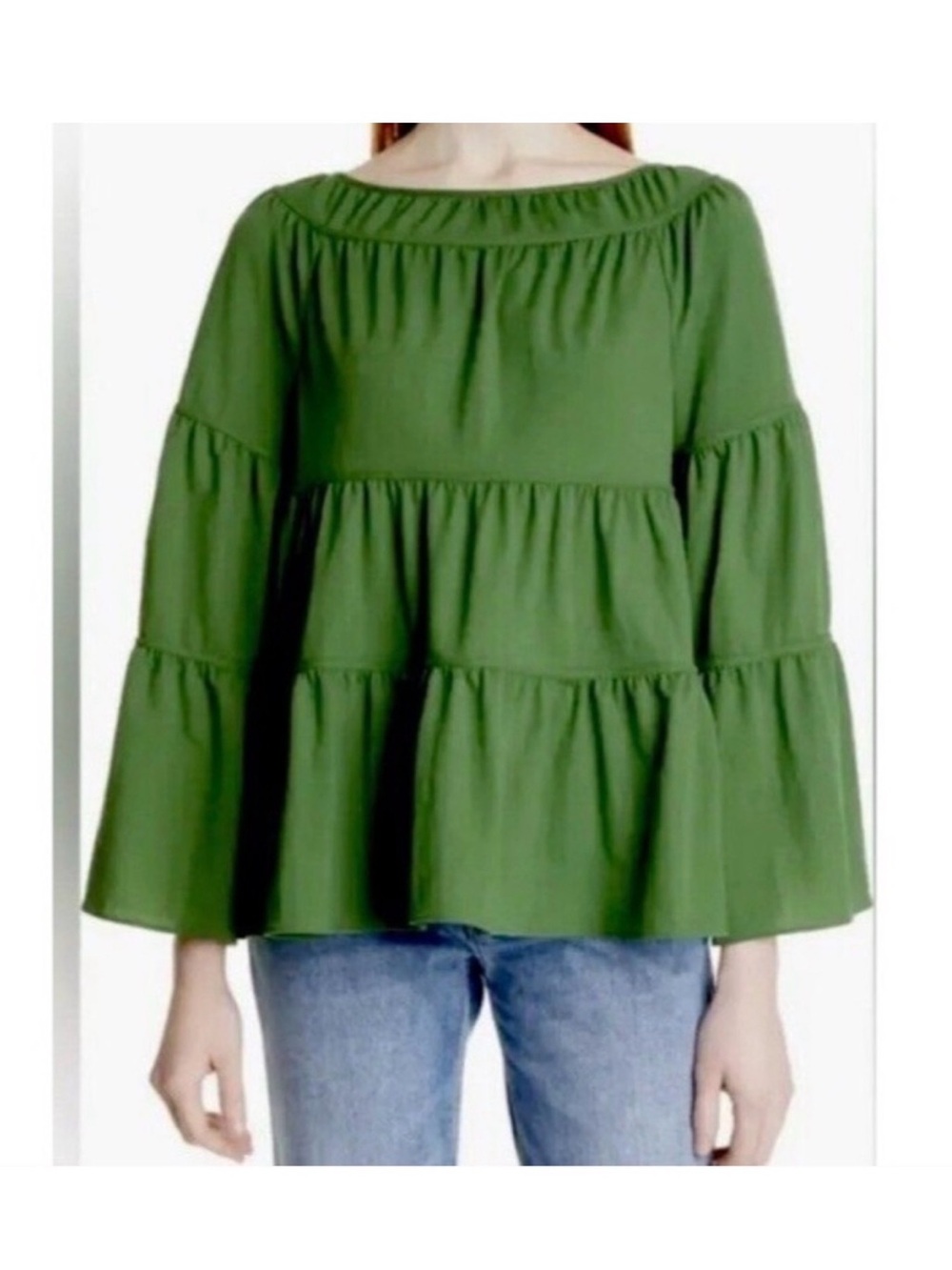 Rebecca Taylor Green Tiered Pique Long Bell Sleeve Top Small Boat Neck Dressy